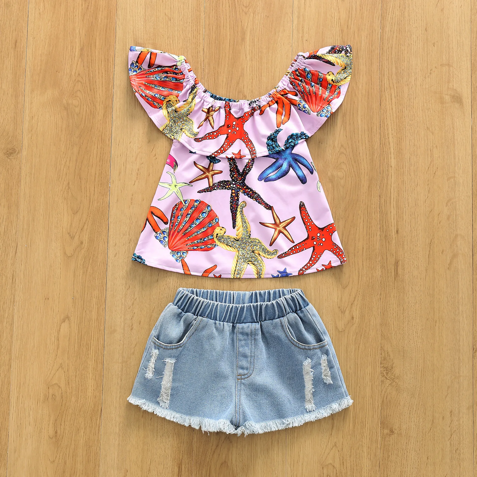 

Kids Clothes Girls 2022 Summer New Fashion Printing One-shoulder Top Solid Color Denim Shorts Two-piece Set