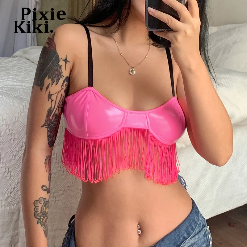 

PixieKiki неоновая Розовая Сексуальная женская одежда в уличном стиле, праздничная одежда из искусственной кожи с кисточками, Женская Клубная о...