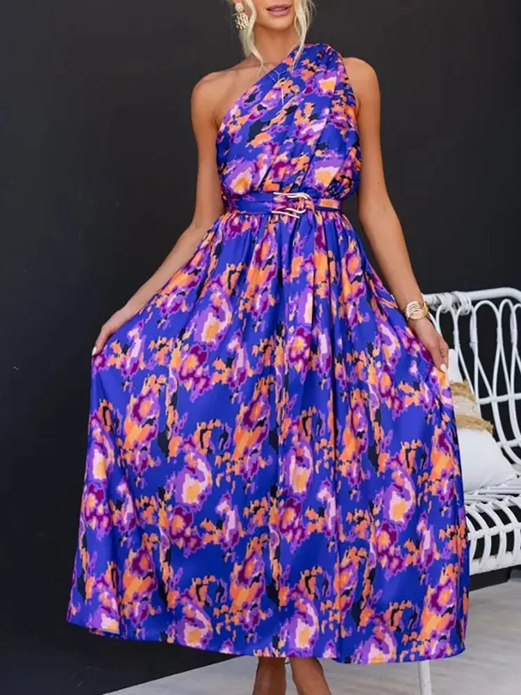 

Women One Off Shoulder Print Maxi Dress, Summer Holiday Loungewear Sleeveless Belt Party Dress, Skew Collar Elegant Ladies Dress