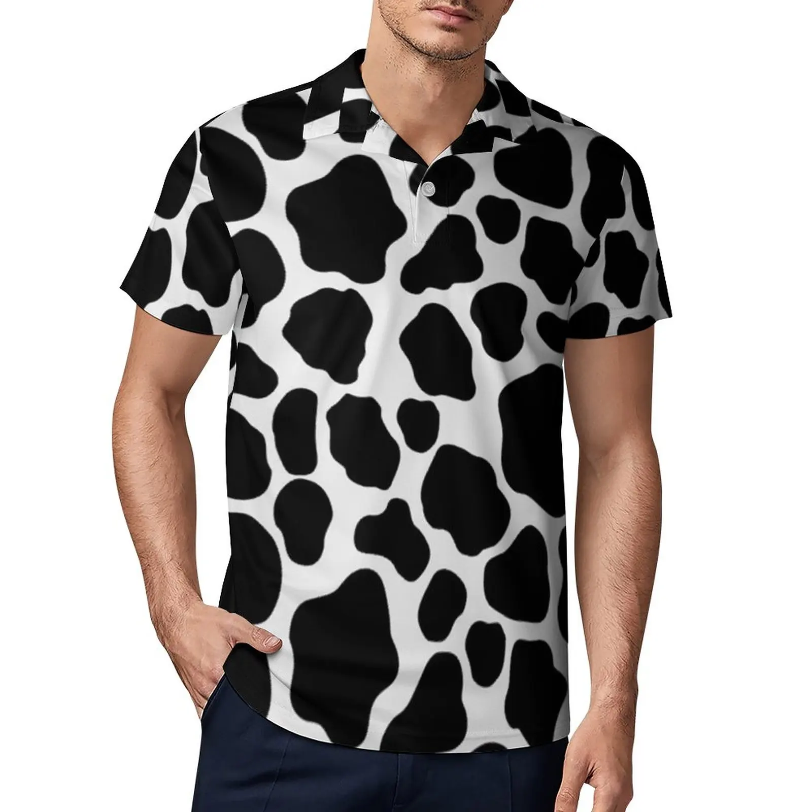 

Мужская Повседневная рубашка-поло, черно-белая рубашка-поло с воротником и короткими рукавами, с принтом в виде коровы