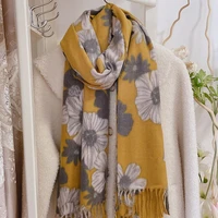 dark yellow rose flower imitation cashmere scarf womens winter warm long tassel shawl