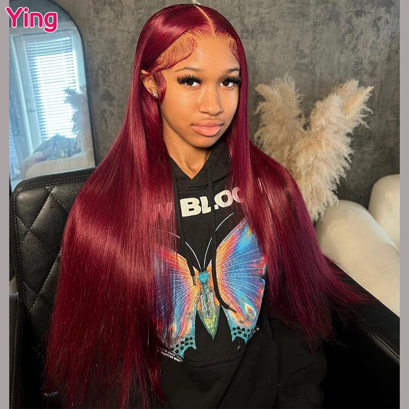 

Dark Burgundy Bone Straight 200% 4x4 Transparent Lace Wig 13x4 Lace Frontal Wig 12A Remy 13x6 Lace Front Wig PrePlucked Ying