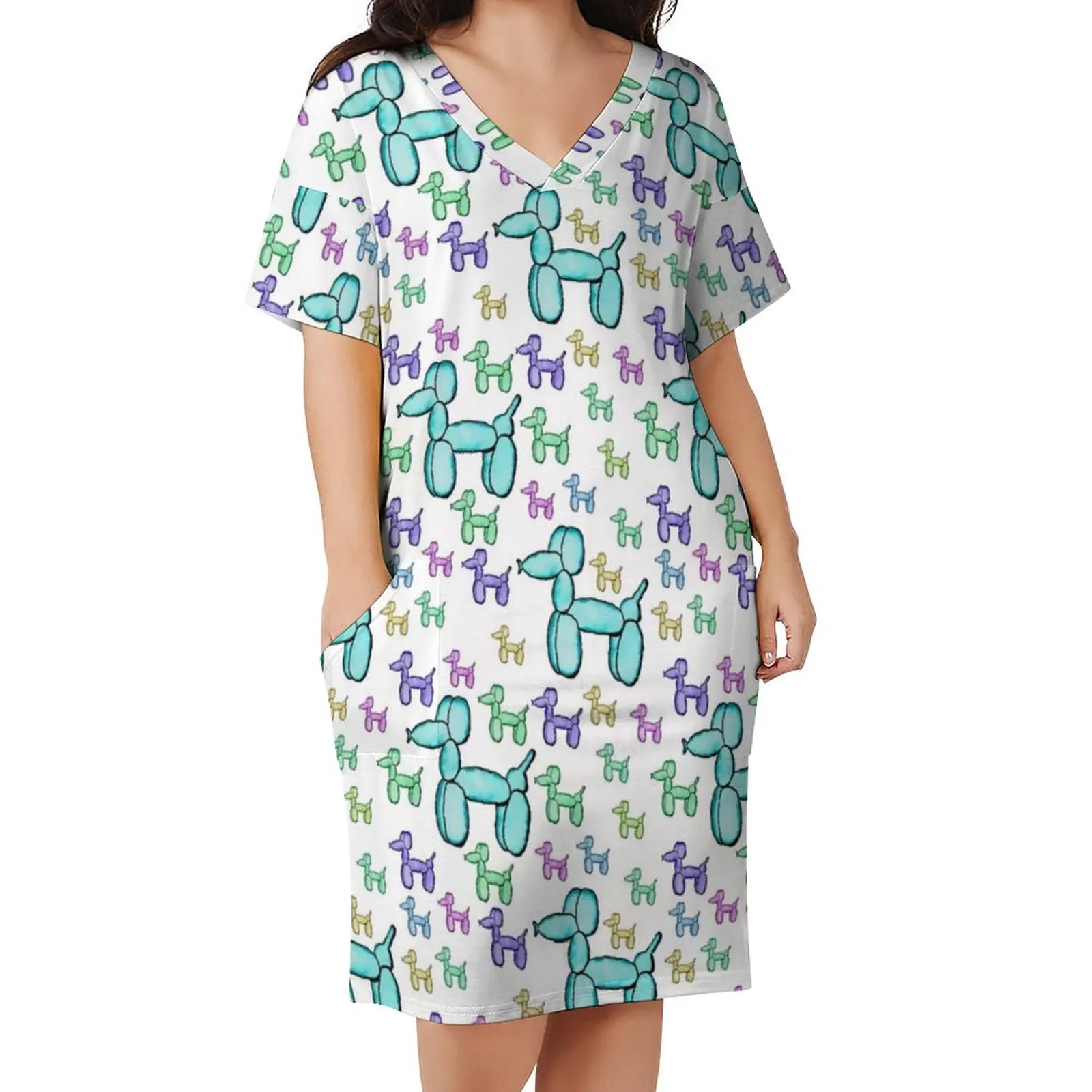 

Colorful Balloon Dog Dress Women Balloons Art Print Basic Casual Dress Summer V Neck Cute Oversize Dresses Birthday Present