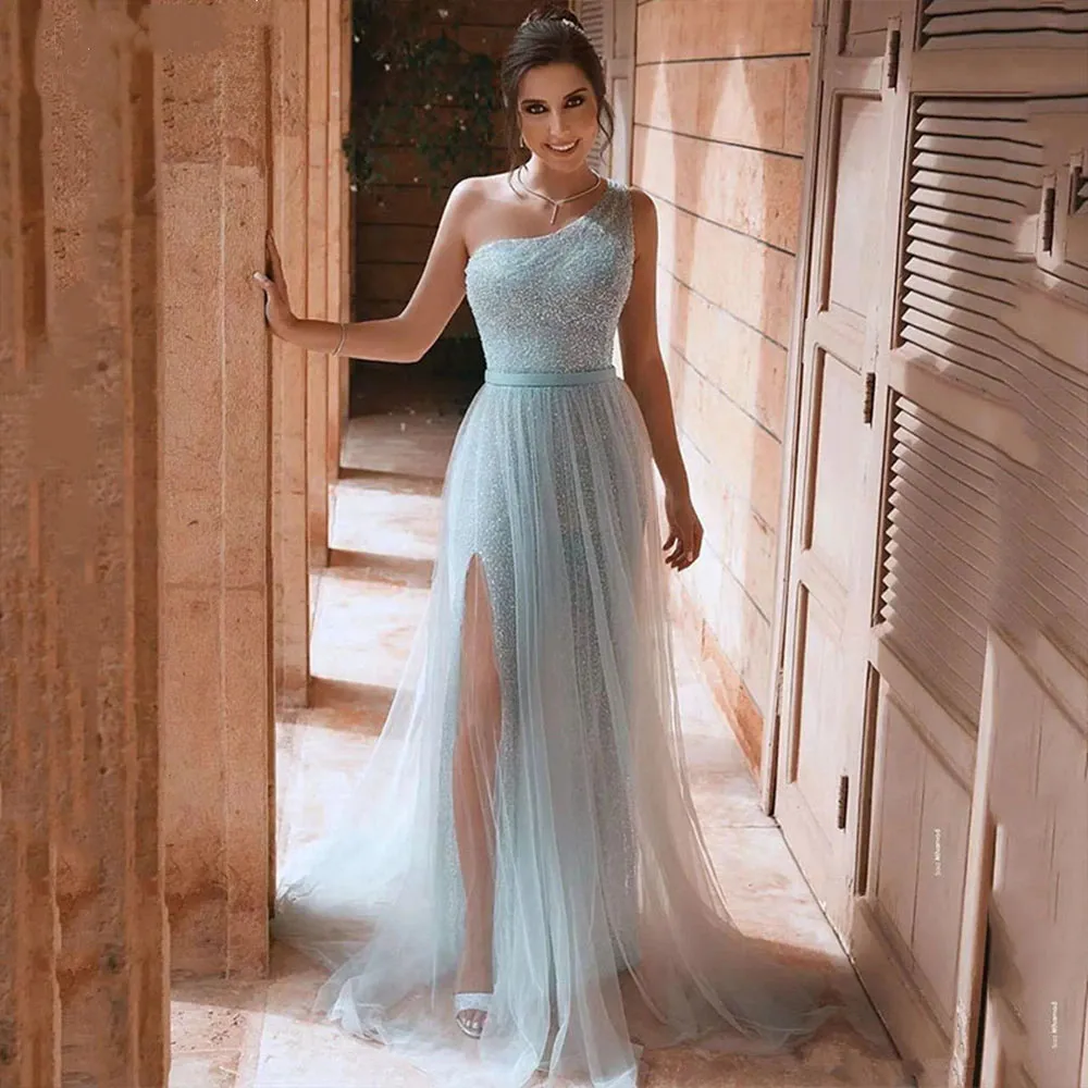 

Sky Blue One Shoulder Sequined Prom Dress High Split A Line Formal Evening Party Gown Arabic Floor Length robes de soirée
