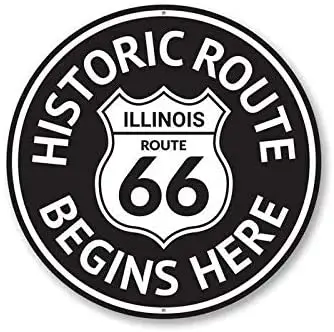 

Route 66 Historic Route Begins Here Sign, Route 66 12 X 12 Inch Round Tin Sign Nostalgic Metal Sign Home Decor for Culb Bar Cafe
