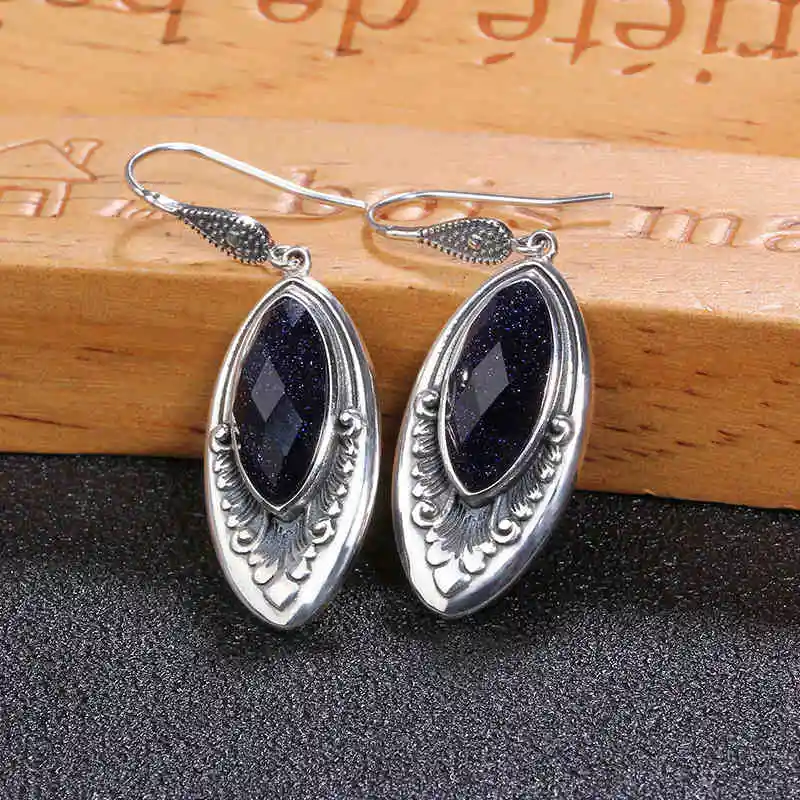 ZHJIASHUN Vintage 100% 925 Sterling Silver Natural Sapphire Drop Earrings For Women Retro Blue Gemstones Earring Jewelry