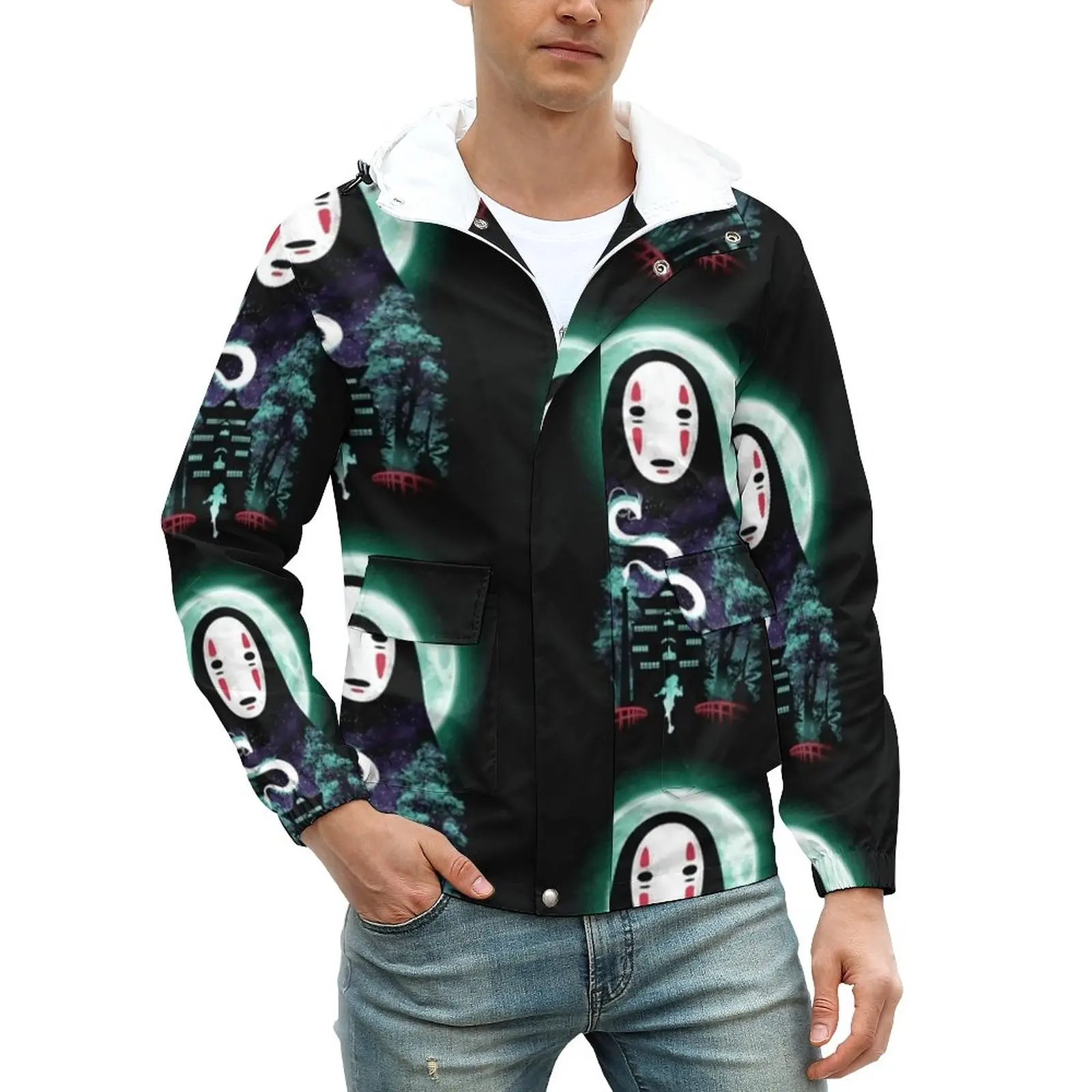 

Spirited Away Casual Jackets No Face Japanese Anime Hooded Windbreakers Men Custom Coats Autumn Aesthetic Loose Jacket Plus Size