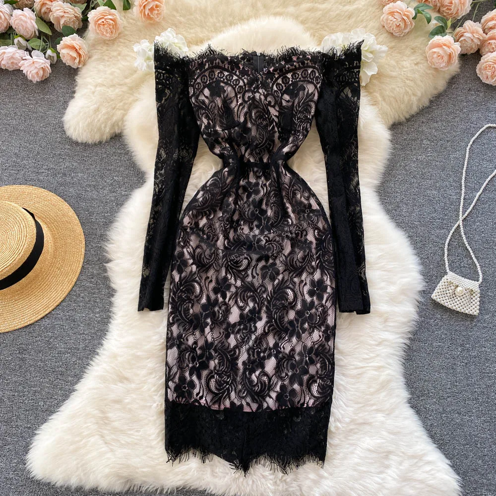 

Women Black Lace Strapless Dress Sexy Slash Neck Off Shoulder Party Vestidos Spring New Long Sleeve High Waist Bodycon Robe