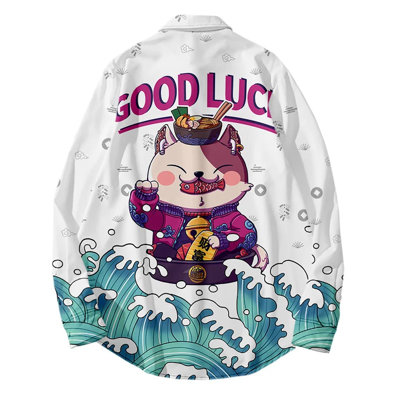 Мужские и женские рубашки с 3D принтом счастливого кота кимоно стиль хип-хоп
