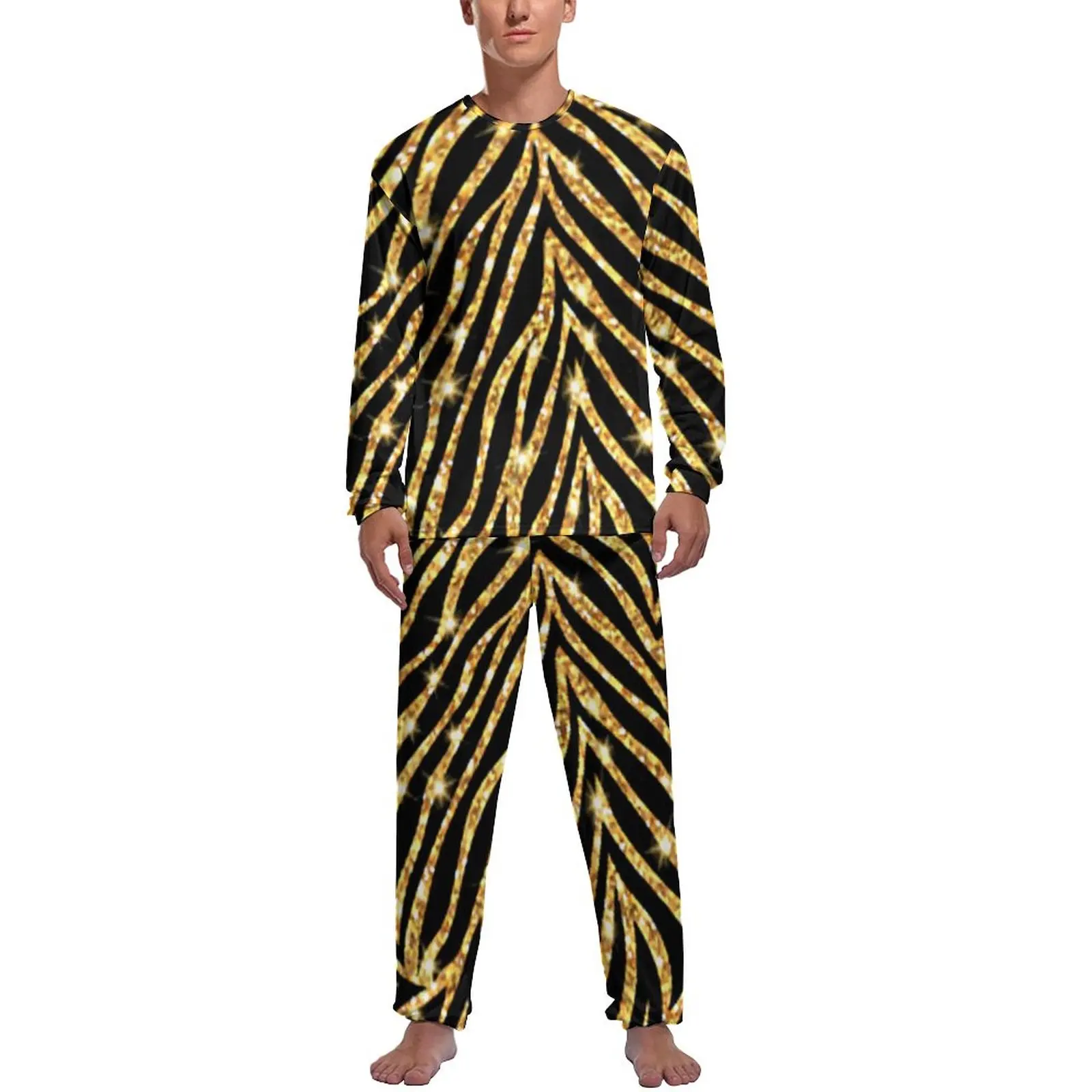 Black And Gold Zebra Pajamas Spring 2 Pieces Animal Print Cute Pajama Sets Mens Long Sleeves Bedroom Design Home Suit