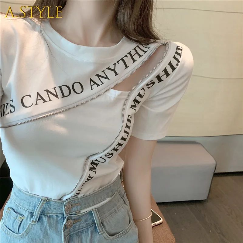 

A GIRLS Hikigawa Harajuku Women Tops 2022 New Summer Tshirts Irregular Letter Tees Hollow Out Sexy Y2k T-shirt Korean