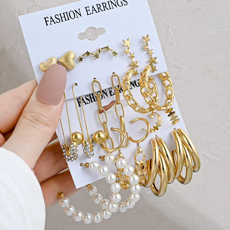 Vintage Gold Geometric Women's Earrings Set Fashion Pearl Circle Hoop Earrings For Women Brincos 2022 Trend Female Jewelry Gifts