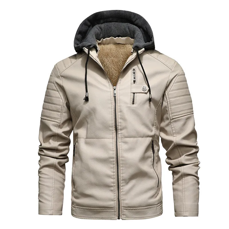Leather Men's Coat European and American Men's Hooded Fashion Plush Warm Leather Jacket Loose PU