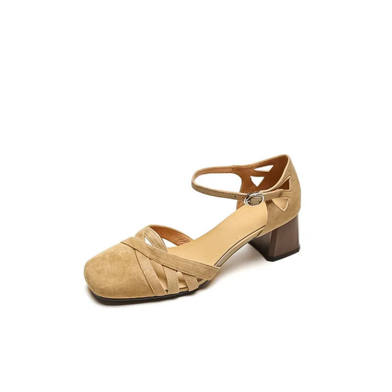 Leather Bowhead Hollow Sandals Women's Summer New French Retro Style One Line Buckle Chunky Heel Roman Sandals C1001