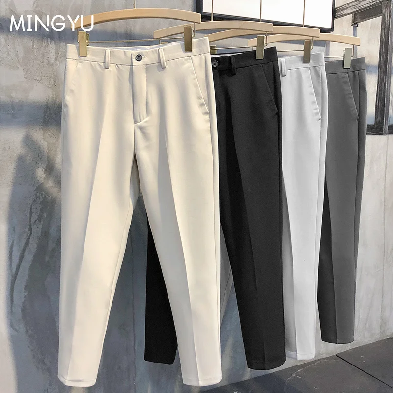 

Spring Summer Ankle Length Pants Men Slim Work Jogging Social Formal Suit Trousers Male Brand Khaki Black Korea Plus Size 40 42