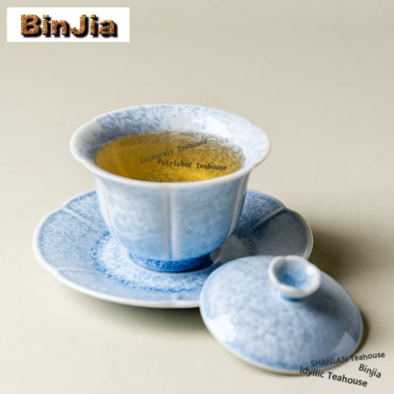 Фото 150 мл Blue Ice Crystal Glaze Gaiwan Роскошная чайная вареная чаша с крышкой Набор чайника Крышка чая Кунг-фу Чайный сервиз Украшение №3