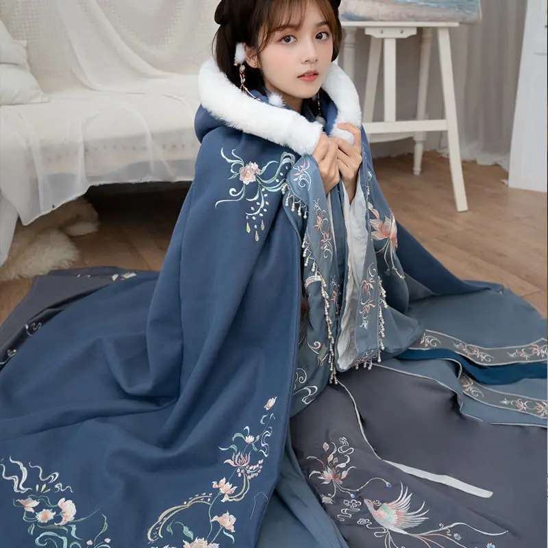 

Hanfu Cloak Women Winter Warm Coat Chinese Embroidery Overcoat Hooded Ancient Traditional Cosplay Ladies Clothing Red