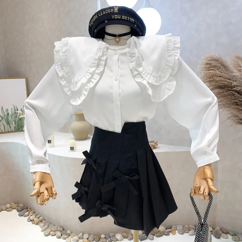 

New Women's Clothing 2022 Spring Long sleeved doll collar white shirt top blusa feminina + design bow skirt two piece set