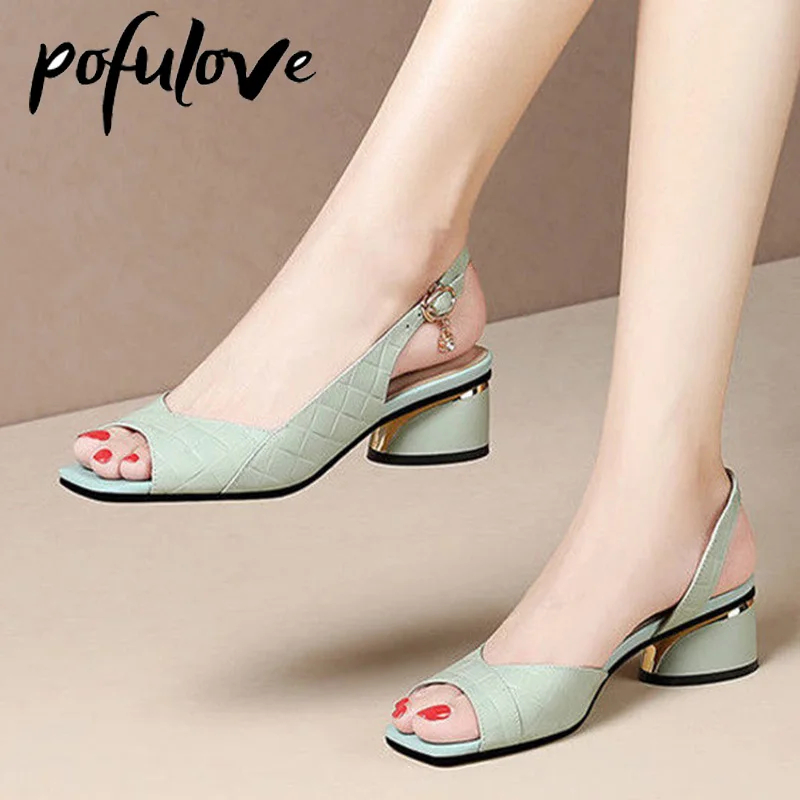 

New Summer Woman Sandals Open Toe Pumps Back Strap Mid Heels Shoes Peep Toe Ladies Shoes Classical Dress Sandalias Mujer Pumps