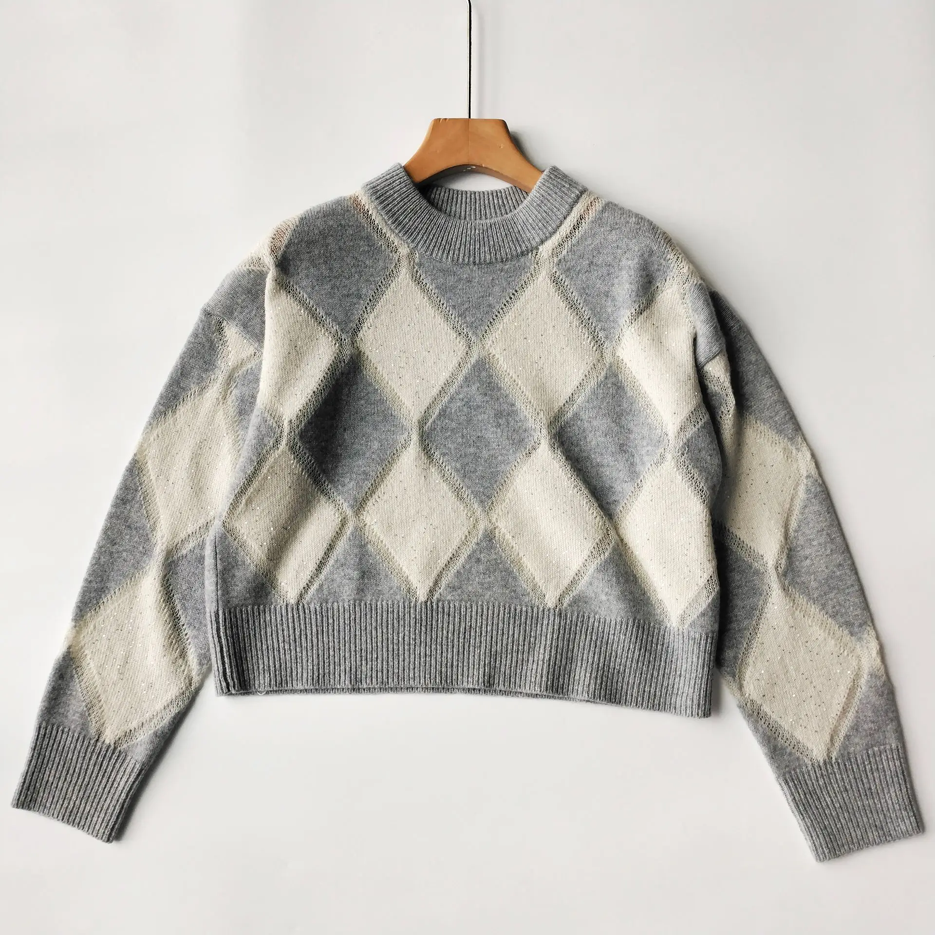 Женские осенне-зимние пуловеры с ромбическими блестками шерстяной мохеровый