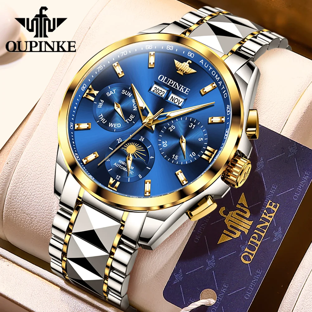 

OUPINKE Luxury Business Automatic Mechanical Watch for Men Perpetual Calendar Moon-Phase 50m Waterproof Tungsten&Stainless Steel