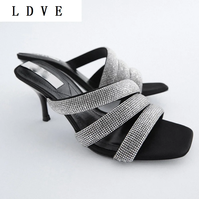 

spring 2021 and summer New Fashion women's shoes Rhinestone high heels Square toe open toe stiletto sandals