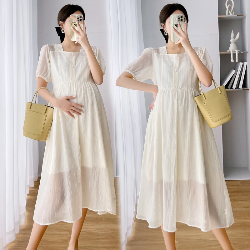 

5186# 2022 Summer Korean Fashion Maternity Long Dress Elegant A Line Slim Clothes for Pregnant Women Sweet Pregnancy Clothing