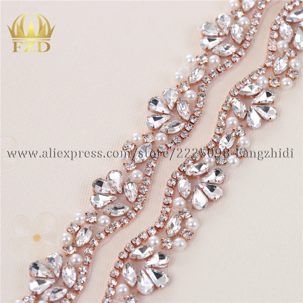 

FANGZHIDI 1 Yard Rose Gold Sewing on Rhinestone Trim Crystal Beaded Applique for Wedding Dresses Belts FA-1071
