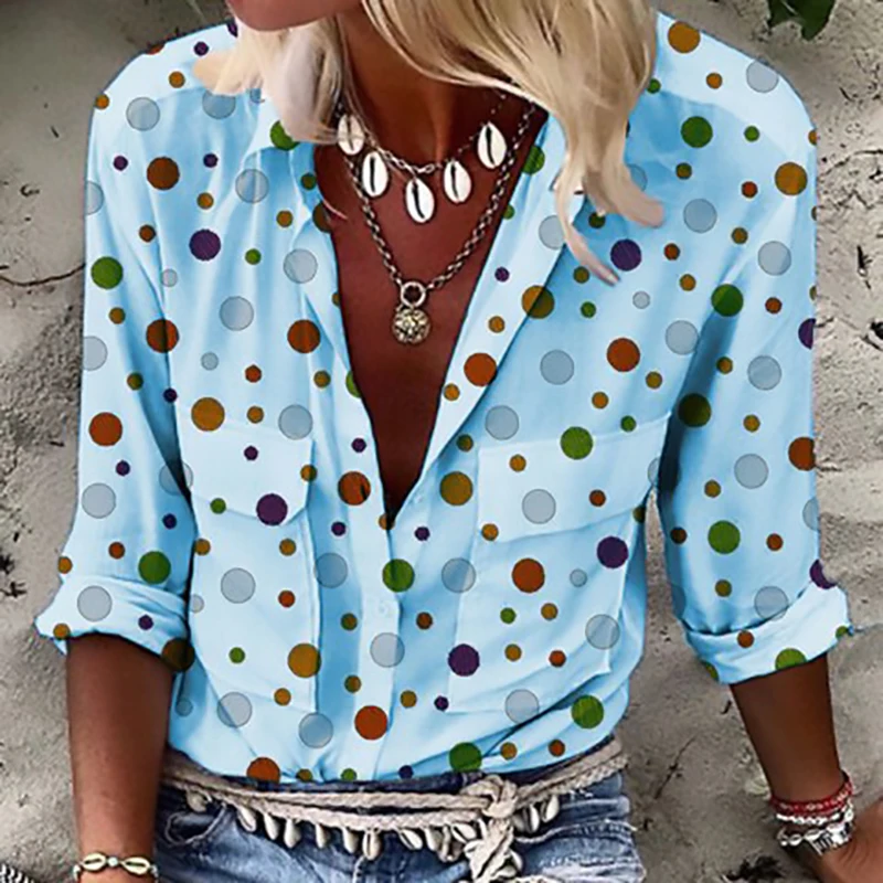 

S-3XL 2022 Summer New Fashion Tops for Women Polka Dot Pockets Single Breasted Long Sleeve Fashion Blouses Woman Tshirts