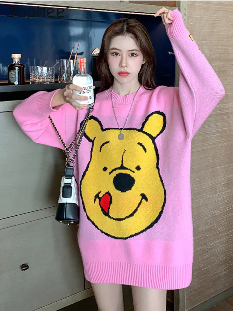 Sweet Pink Round-Collar Long-Sleeved Sweater Women's Autumn Winter New Thick Korean Style Cartoon Mid-Length Pullover Knitted