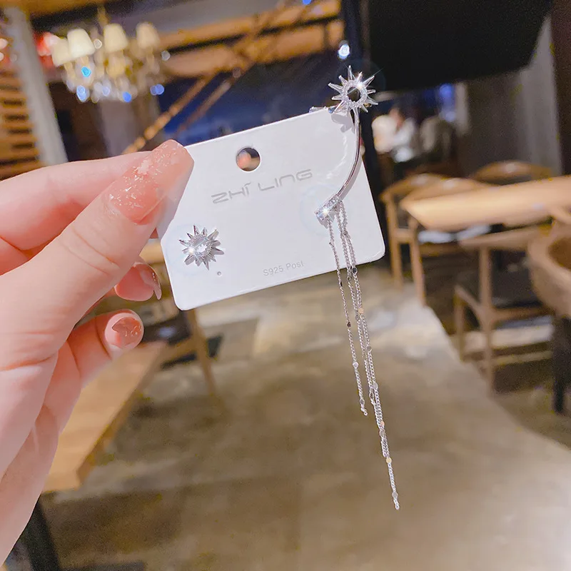 

Long Tassel Climber Ear Clips Stud Earring 2022 Trendy Creative Asymmetric Zircon Ear Cuff Earrings Fairy Tassel Earcuff Jewelry