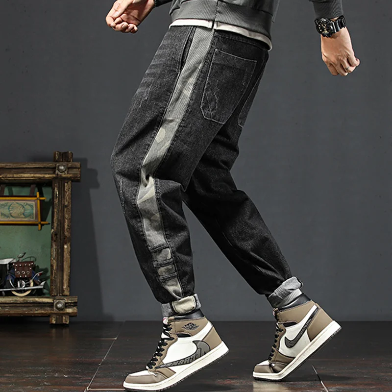 Streetwear Men 2022 Fashion New Pattern Vintage Splicing Recreational Blue Jeans Loose Straight Cylinder Trousers Autumn Female