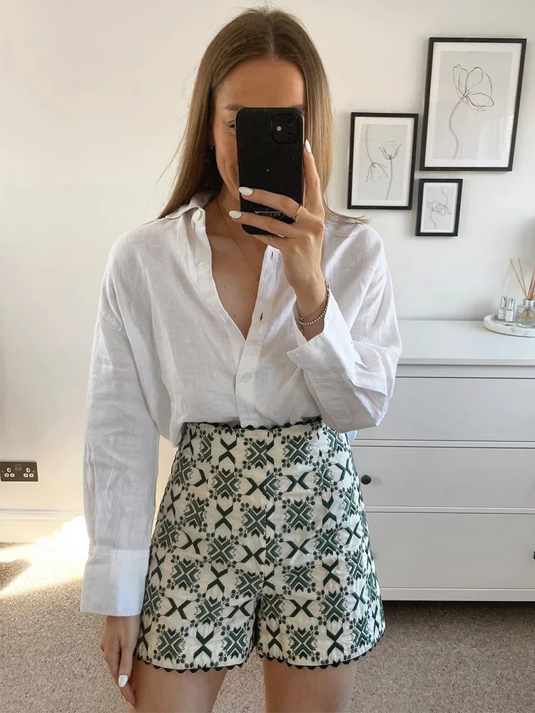 

Summer Clothes For Women Shorts 2023 Bohemian Vintage Contrast Geometric Embroidery Shorts Side Zipper High Waist Cotton Shorts