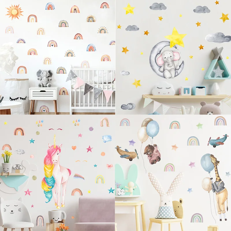 

Мультяшные фотообои для детской комнаты, украшение для детской комнаты, водонепроницаемые DIY слон, радуга, домашний декор, настенные фрески