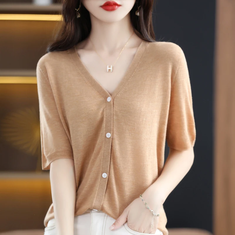 Spring And Autumn New Wool V-Neck Sweater Women's Fashion Versatile Top  Elegant Short Sleeve Knitted Exquisite Cardigan Casual - купить по выгодной  цене | AliExpress