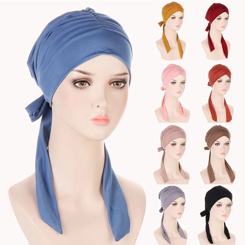 

New Crystal Hemp Solid Color Hijab Muslim Headwrap Hair Loss Cover Beanies Bonnet Bow Long Tail Headscarf Pullover Cap Fashion