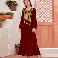 fashion muslim dress commuter crew neck red solid color loose fringe gold thread embroidery dress 2022 kaftan abayas djellaba