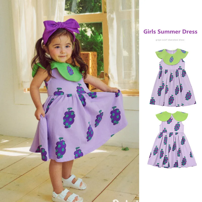 

Летнее платье для девочек фиолетовый виноградный принт контрастный воротник без рукавов хлопковая Юбка До Колена Для детей среднего и мале...