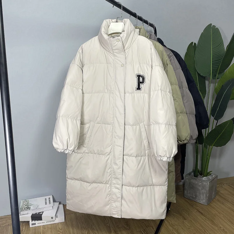Simple P Letter Down Jacket Women's 2022 Winter New Mid-Length Stand Collar Loose Large Size Thick Wild White Duck Down Coats