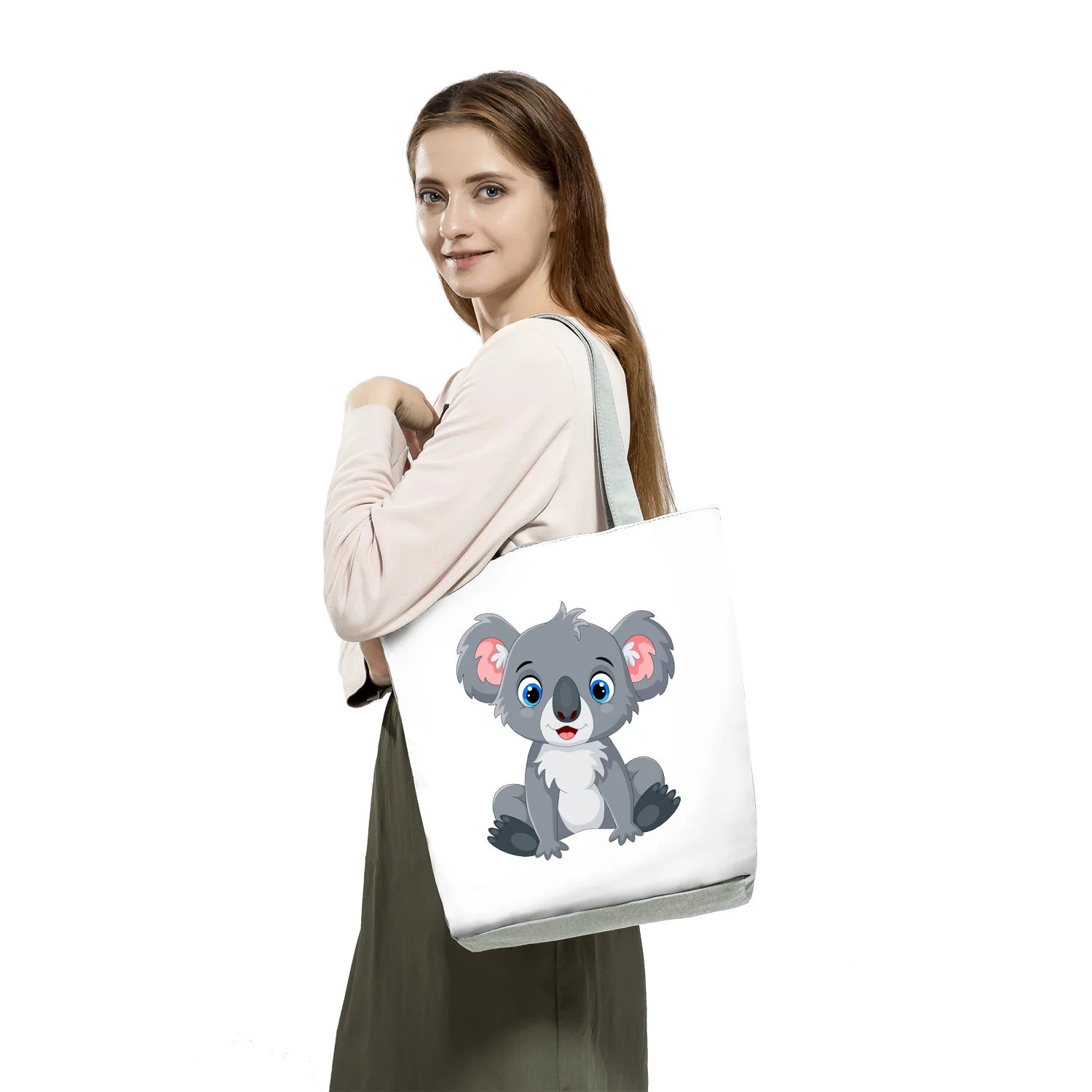 Женская наплечная сумка с мультипликационным принтом коала, Экологически чистая женская сумка для покупок, уличная вместительная пляжная сумка, настраиваемая Сумка-тоут
