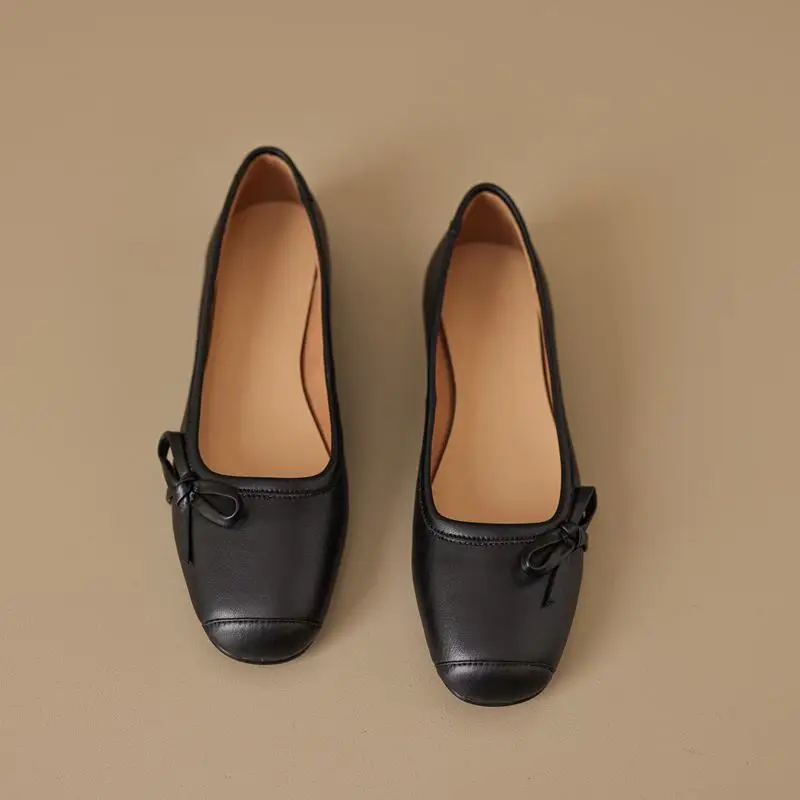 Comfortable Natural Genuine Leather Women Heels Shoes Fashion Butterfly-knot Design Low Heel Shoes Easy To Walk Autumn Shoes