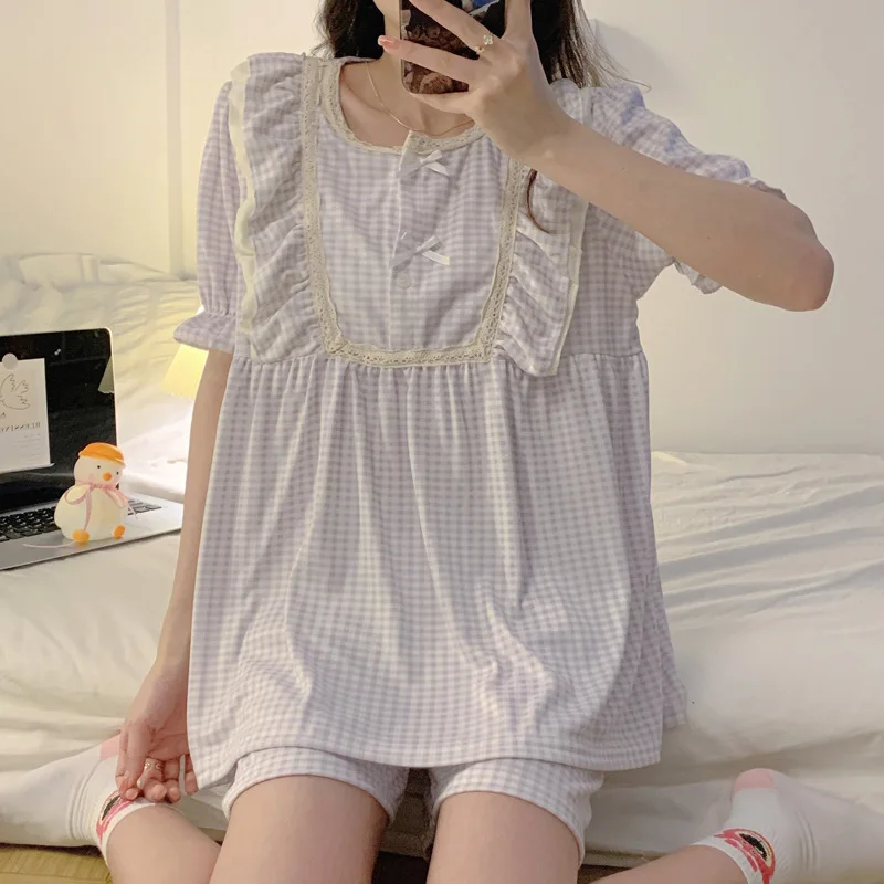 

Plaid Pajamas For Women Kawaii Princess Style Sleepwear Lace Pijama Female Korean Loungewear Short Sleeve Summer Nightgown Suit