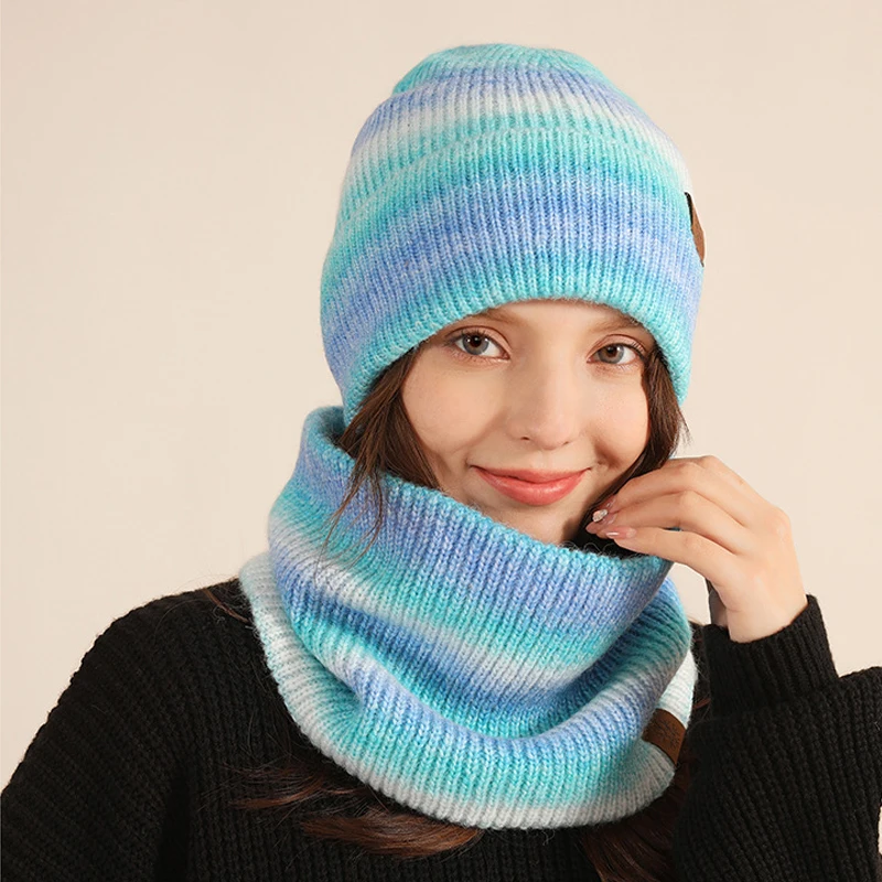

2pcs Winter Hat Snood Set for Women 2022 Gradient Ramp Striped Beanies Hat for Women Scarf Plush Lining Winter Sets Gift