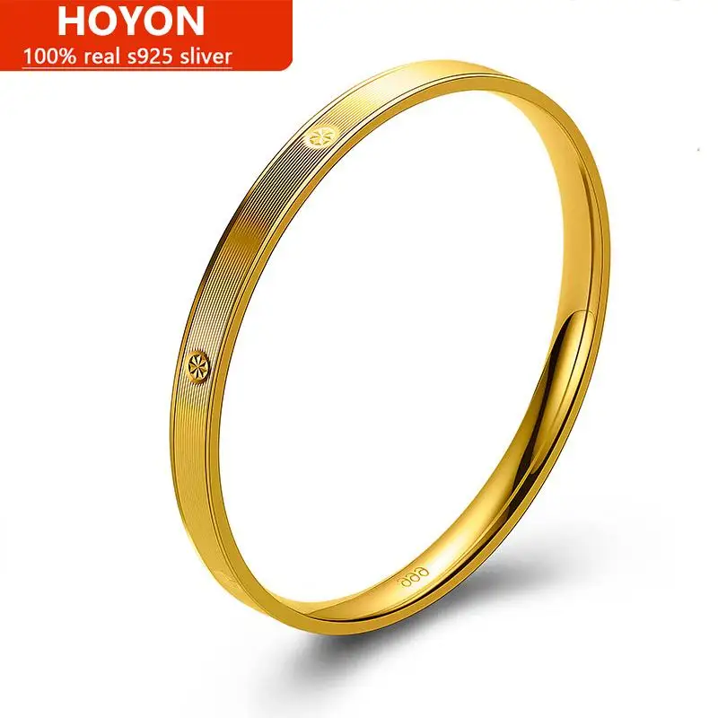 

HOYON 5D mine 999 gold cnc craft car flower carving diamond pattern gold version star bracelet Women's sand gold closed bracelet