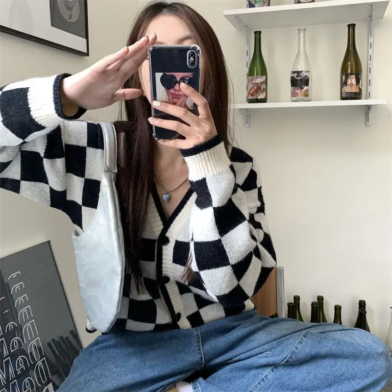 Свитер в стиле ретро ленивом женская куртка клетчатый вязаный кардиган с