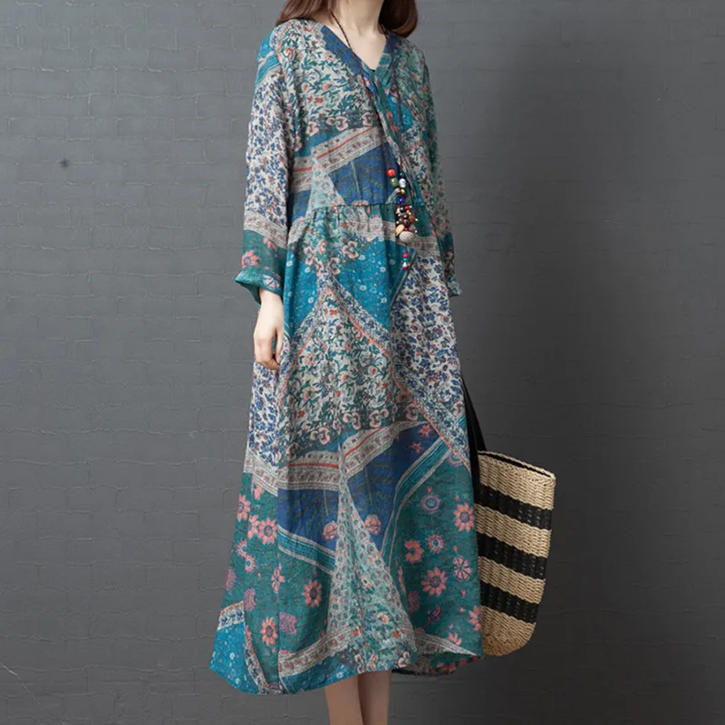 

2022 New Arrival Long Sleeve Spring Dress Soft Cotton Linen Print Floral Vintage Dress Loose Women Casual Autumn Dress