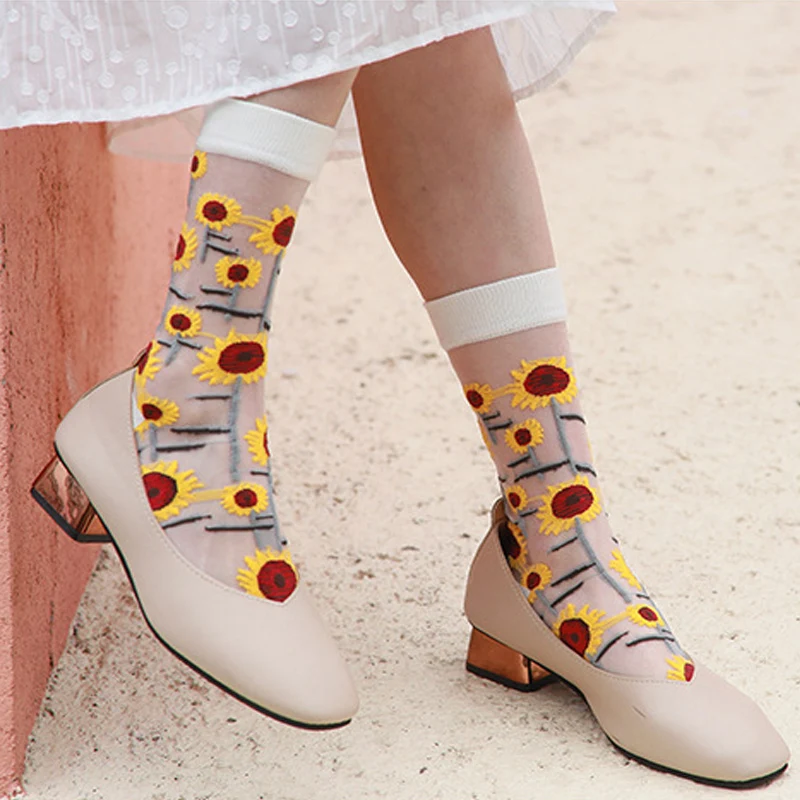 

Fashion New Harajuku Transparent Creative Crystal Silk Tide Socks Sunflowers Vines Flowers Animal Fruit Glass Silk Women SockS