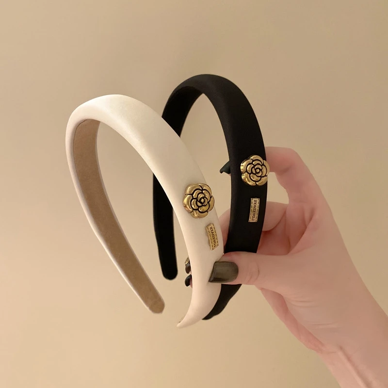 

Vintage Women Black Camellia Flower Haimian Hair Band 2022 New Fashion Headwear Hair Accessories