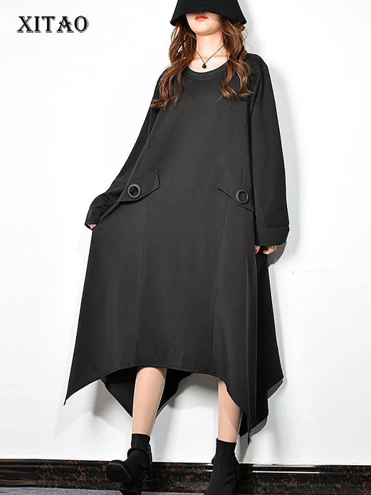 

XITAO Casual Irregular Plastic Ring Long Dress Women 2021 Autumn Tide Fashion Loose Long Sleeve O Neck Collar New Style GCC2576