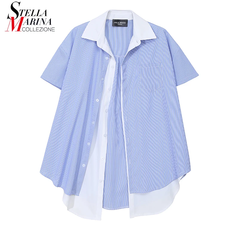 

New Fake Two Pieces Woman Summer Blue Striped Blouses Short-Sleeve Casual Oversized Loose Shirt Style Unique chemise femme 8388